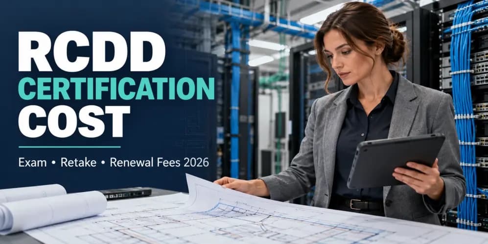  Telecommunication RCDD certification cost graphic with a woman reviewing telecommunications design plans, covering exam, retake, and renewal fees in 2026.