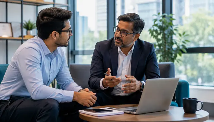 Professional discussing career options after AWS Certified Solutions Architect – Professional Certification with a senior mentor.