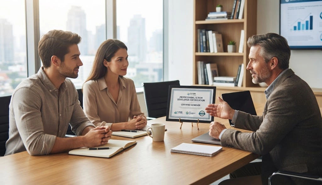 Professional discussing Professional Scrum Developer Certification career growth with a senior mentor during an online session.