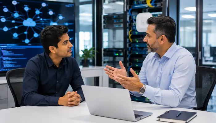 CCNP Automation Certification professional discussing career growth and network automation opportunities with a senior mentor.
