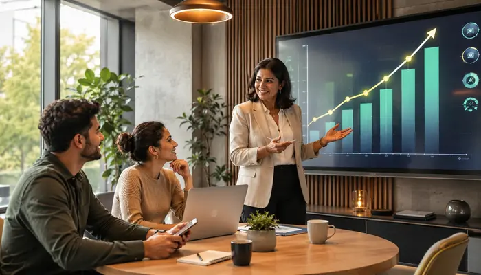 Professional discusses CCNP Security Certification career growth with senior mentors using progress graphs in a modern office.