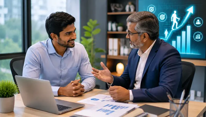 Cisco Certified Network Associate (CCNA) Certification career growth discussion with senior mentor and upward progress graphs.