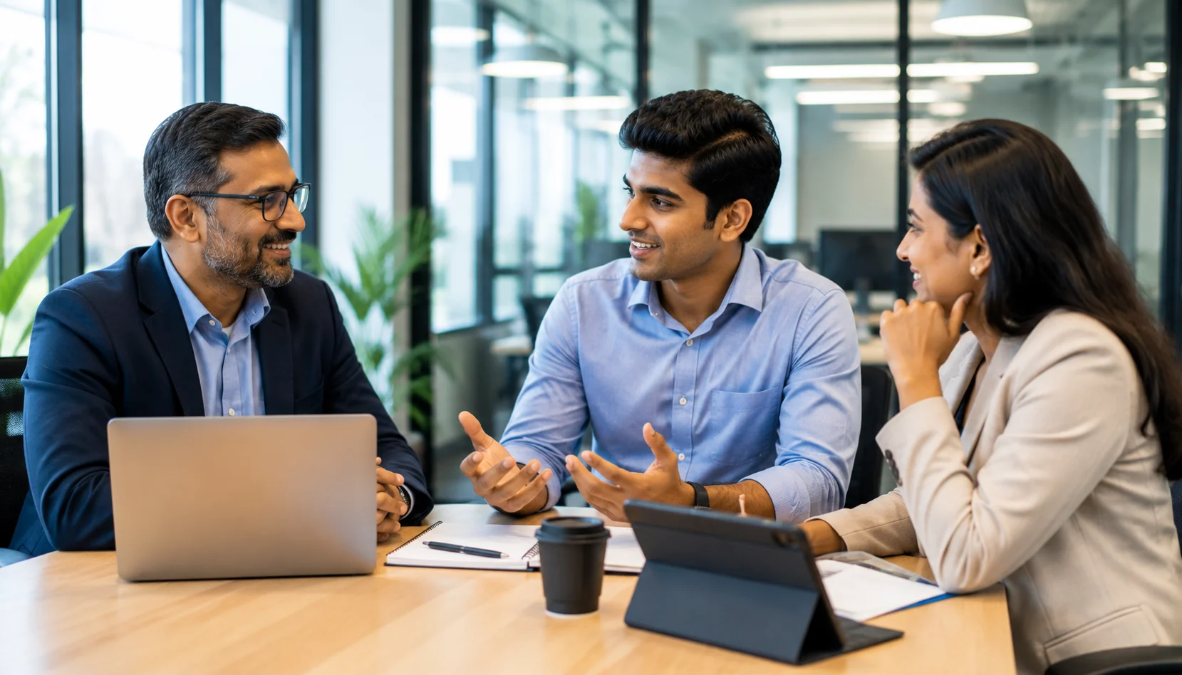 Professional discussing career opportunities after Salesforce Certified MuleSoft Developer I Certification with a senior mentor.