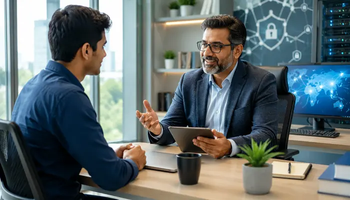 Professional discusses Cisco Cybersecurity Professional Certification career growth with a senior mentor in a modern cybersecurity office.