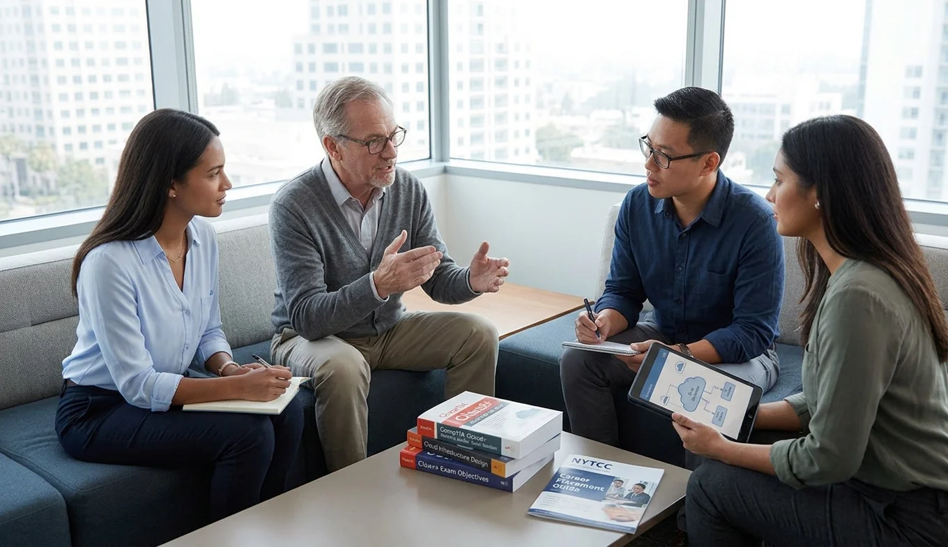 CompTIA Cloud+ Certification professional discussing career growth and cloud technology opportunities with a senior mentor in a modern office.