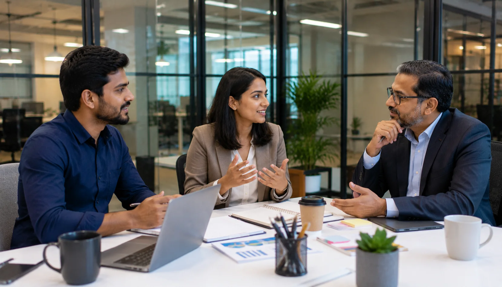 Product Owner and Product Manager discussing career opportunities and professional growth with senior mentors in a modern office.