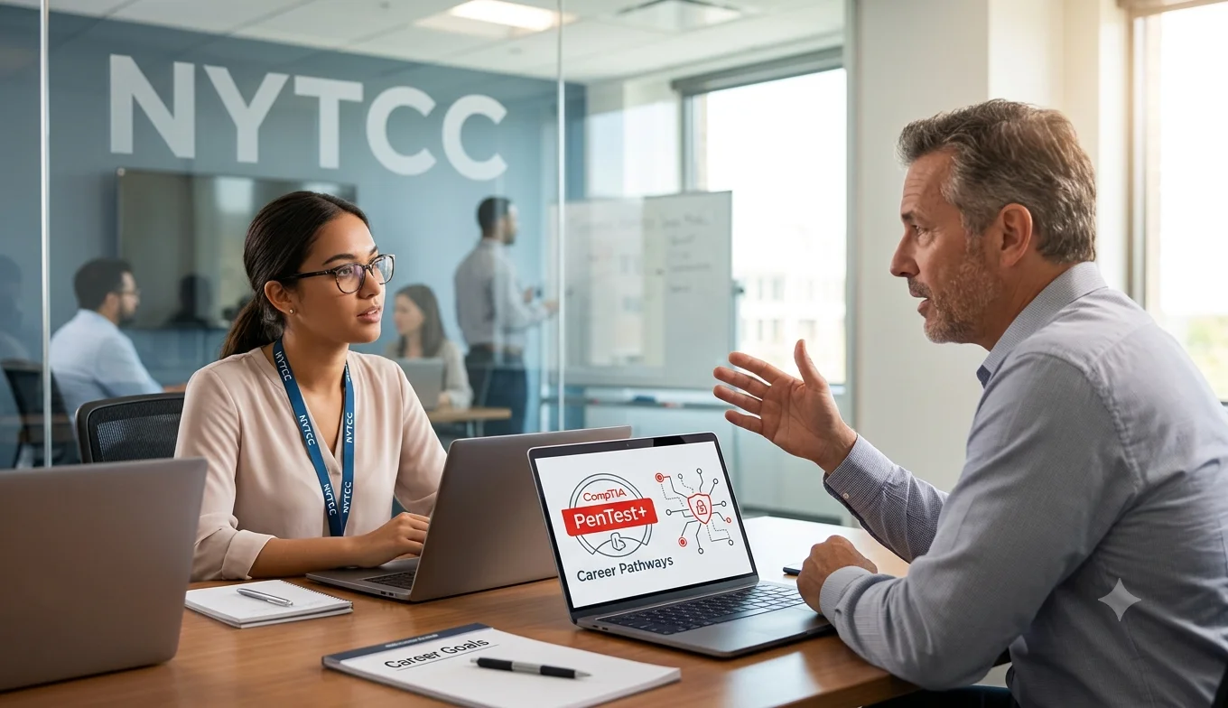 CompTIA PenTest+ Certification professional discussing career growth and penetration testing opportunities with a senior mentor in a modern office.