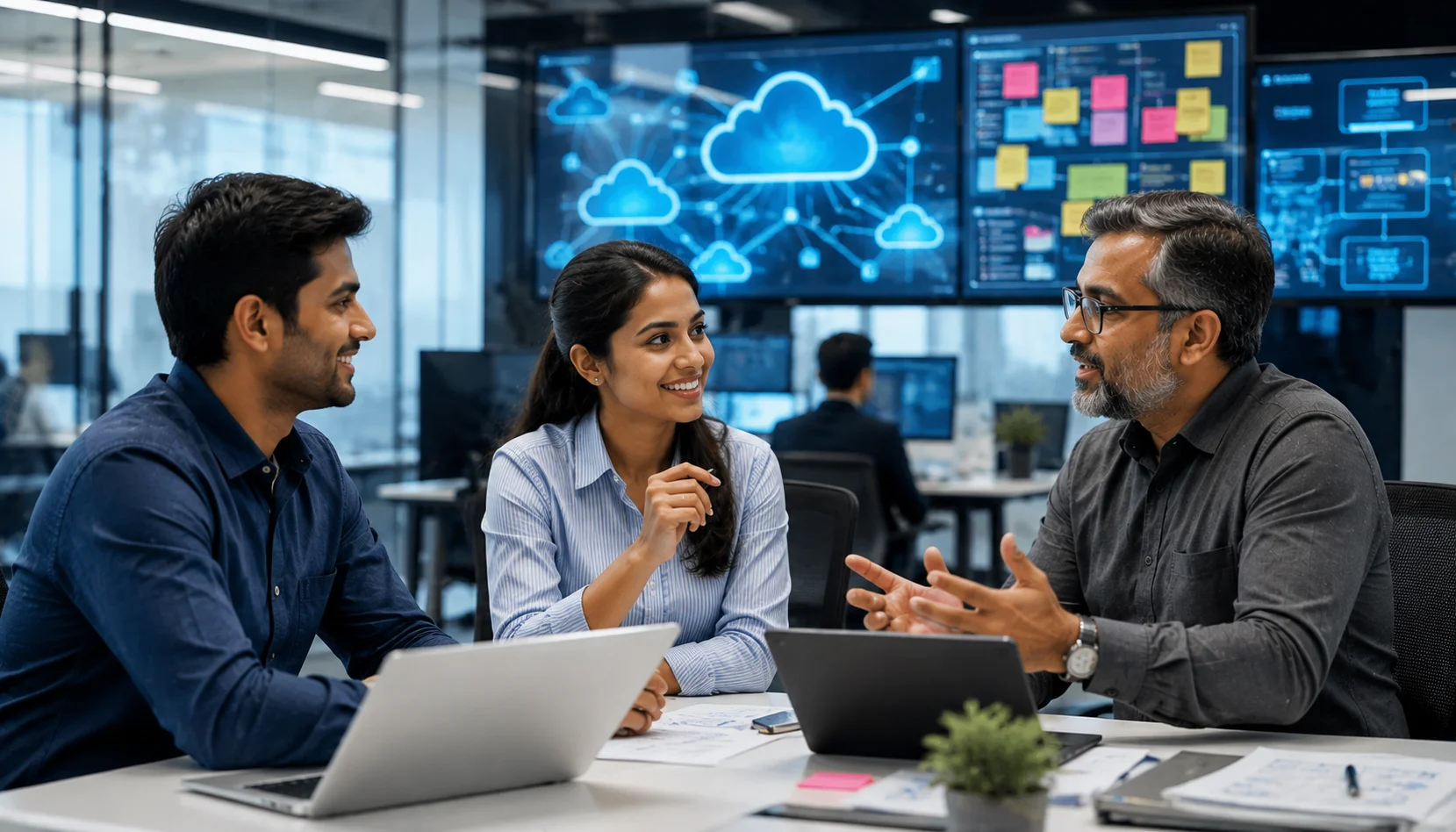 SAFe DevOps Practitioner exploring career opportunities and professional growth with senior DevOps leaders in an office.