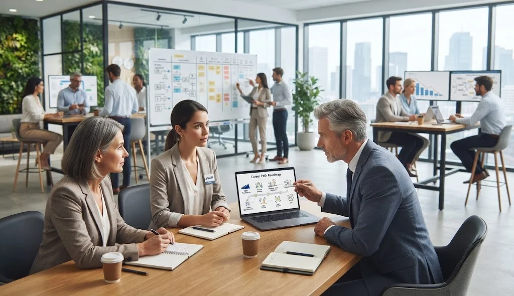 SAFe Practitioner exploring career opportunities and professional growth with senior Agile leaders in a collaborative office.