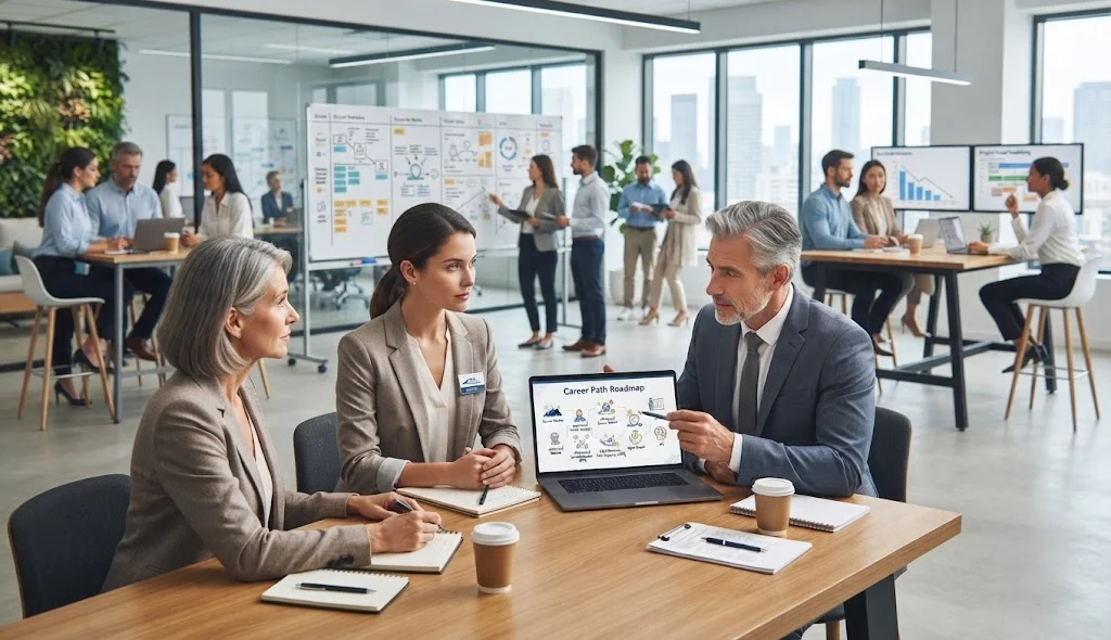 SAFe Scrum Master exploring career opportunities and professional growth with senior Agile leaders in a collaborative office.