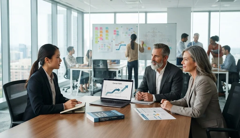 PMI Professional in Business Analysis exploring career opportunities with senior business analysis leaders in a modern office.