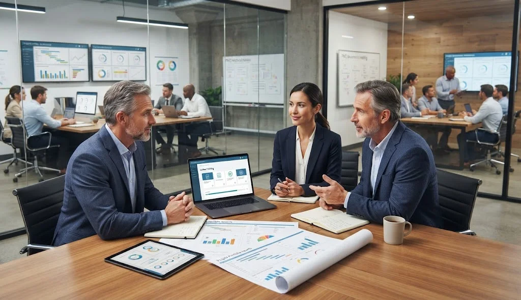 PMO Certified Professional exploring career opportunities and professional growth with senior PMO executives in a modern office.