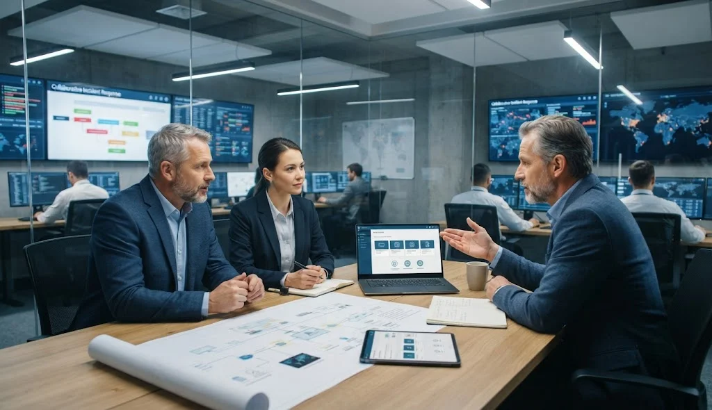 OSAI+ professional exploring cybersecurity career opportunities with senior security leaders in a modern operations center.