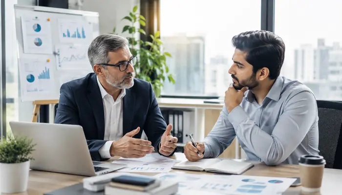Professional discussing eCIR Certification career growth with a senior mentor beside progress charts in a bright modern office.
