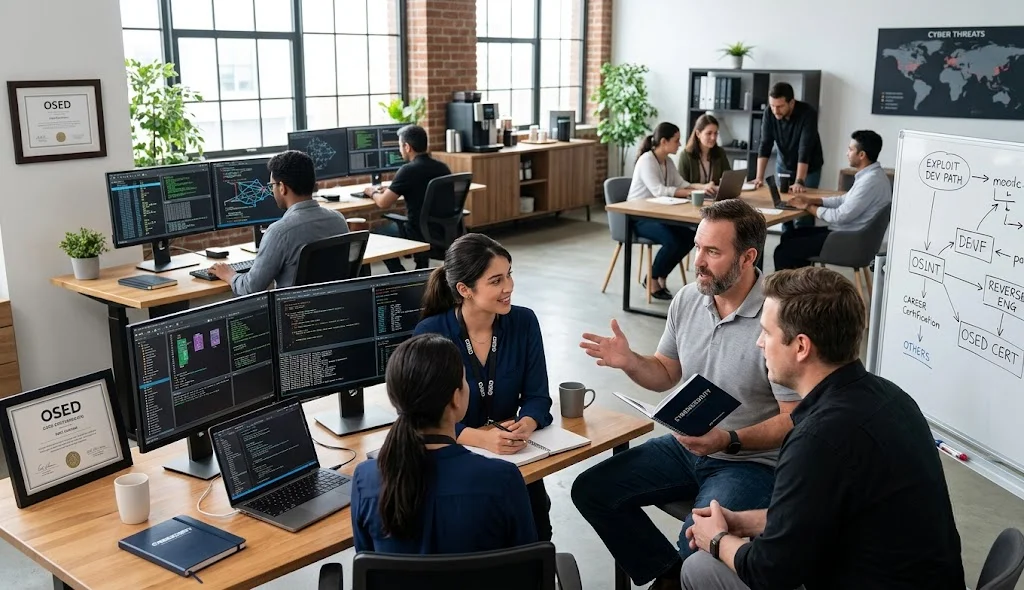 OSED professional exploring exploit development career opportunities with senior offensive security leaders in a modern office.