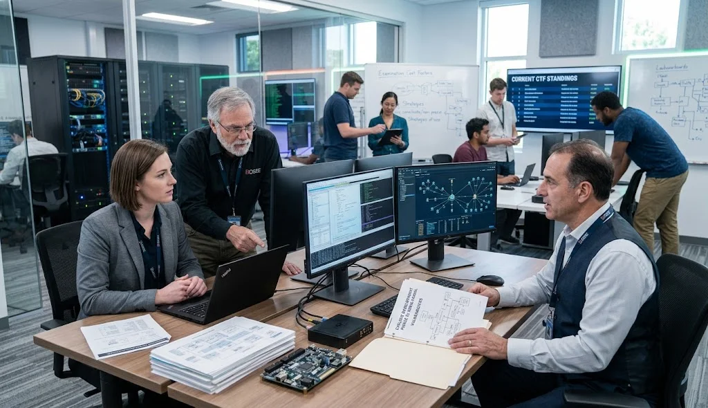 OSEE professional exploring exploit engineering career opportunities with senior offensive security leaders in a modern office.