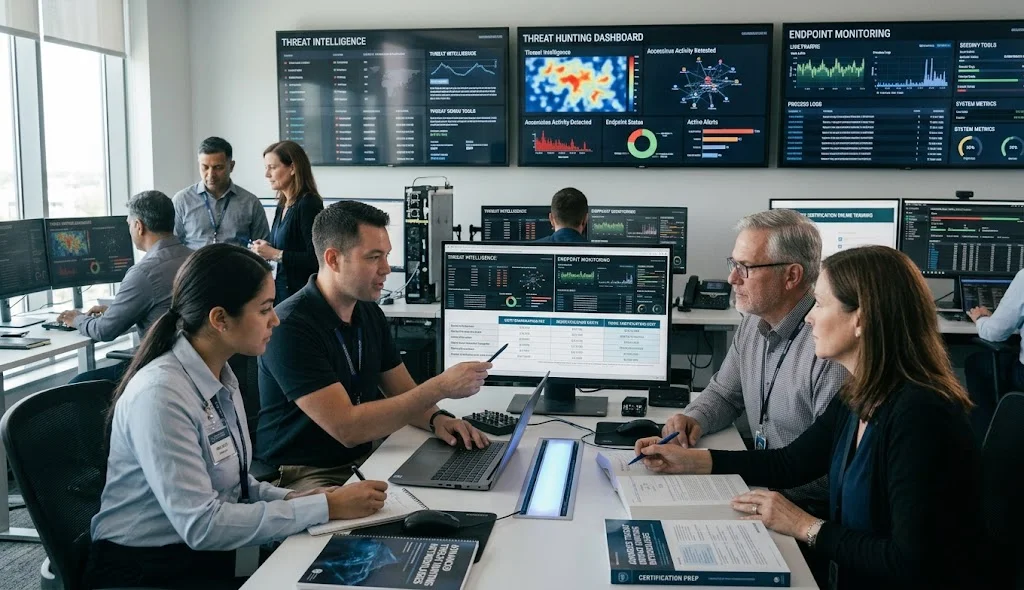 OSTH professional exploring threat hunting career opportunities with senior cybersecurity leaders in a modern operations center.