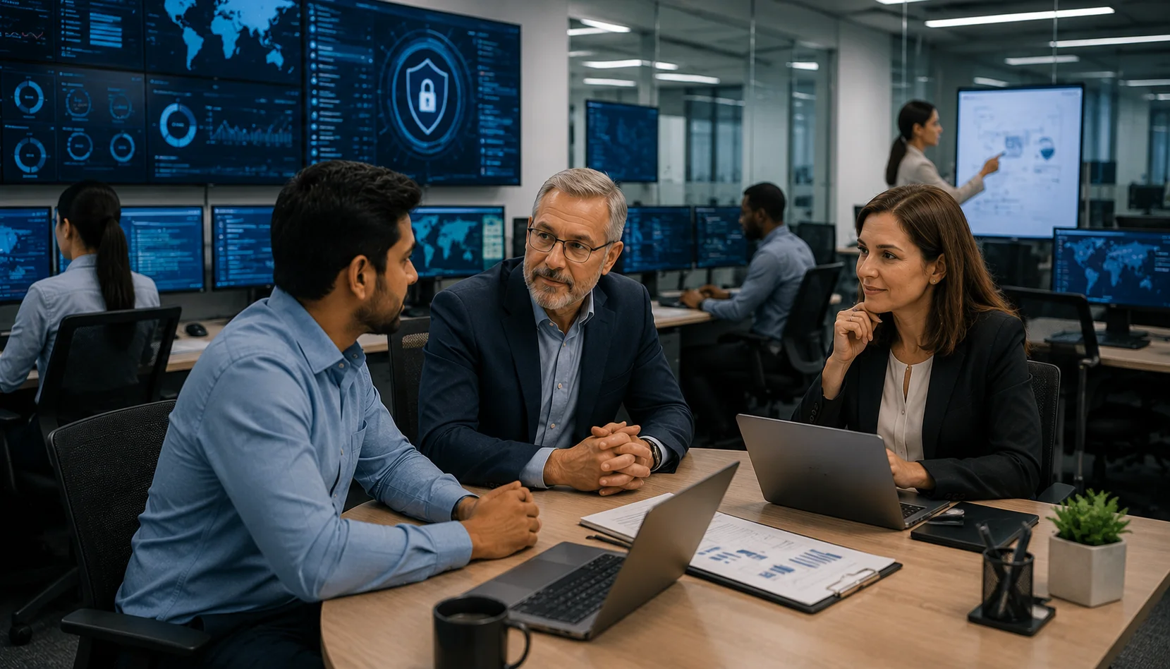 CISSP professional exploring cybersecurity career opportunities and professional growth with senior security leaders in a modern office.