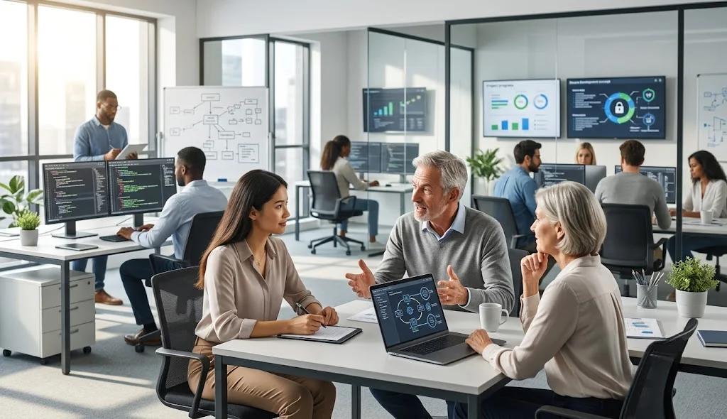 CSSLP professional exploring secure software career opportunities with senior cybersecurity leaders in a modern technology office.