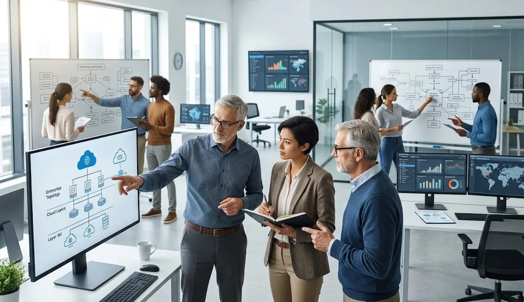 ISSAP professional exploring security architecture career opportunities with senior cybersecurity leaders in a modern enterprise office.