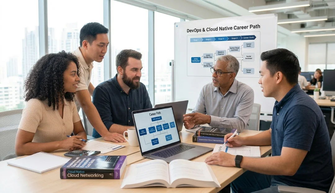 Kubernetes and Cloud Native Associate Certification professional discussing career growth and cloud-native technology opportunities with a senior mentor.