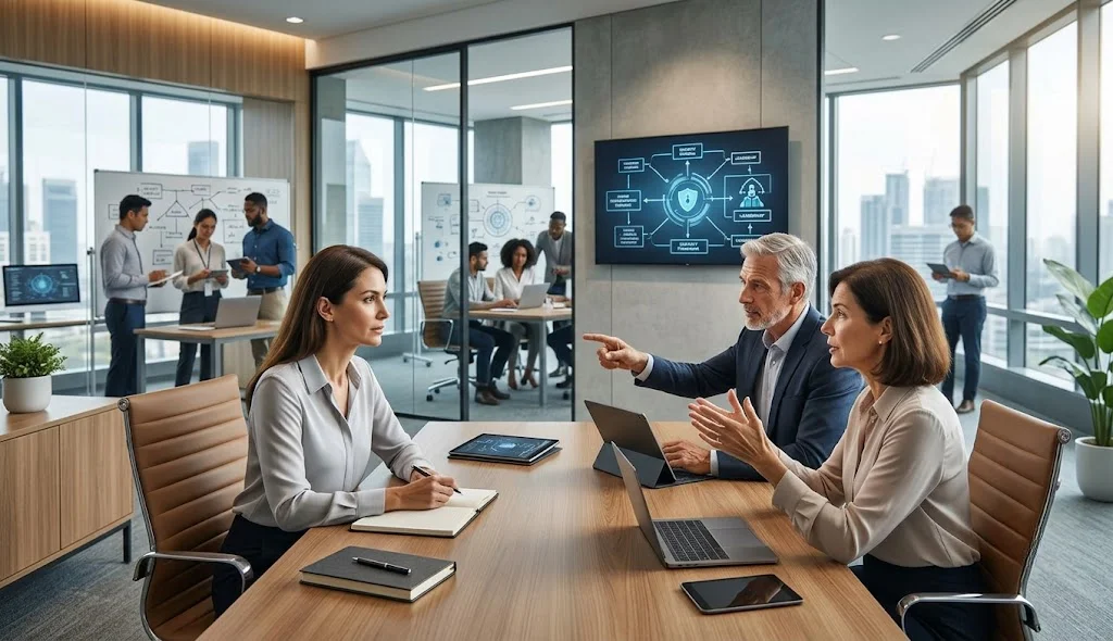 ISSMP professional exploring cybersecurity leadership career opportunities with senior security executives in a modern office.