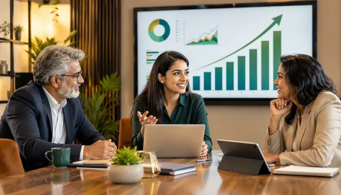 Professional discussing CCOA Certification career growth with senior mentors beside clear upward charts in a bright modern office.