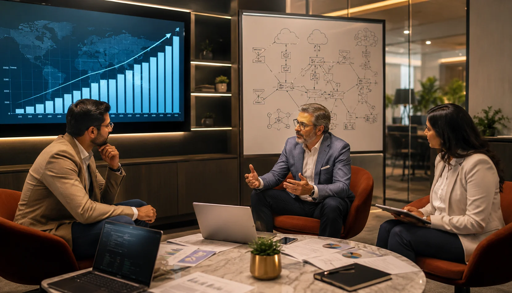 JNCIE-ENT professional exploring enterprise networking career opportunities with senior network architects in a modern office.