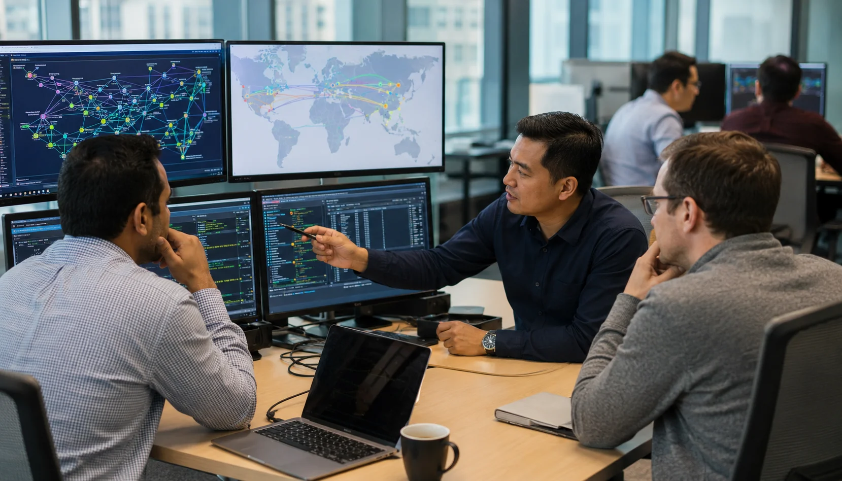 JNCIE-SP professional exploring service provider networking career opportunities with senior network architects in a modern office.