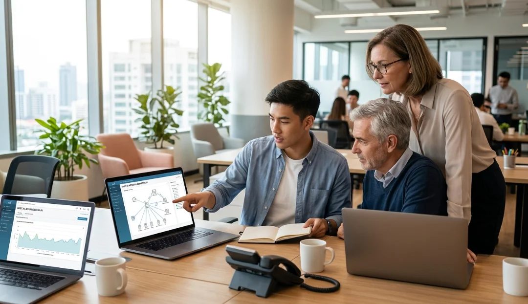 JNCIS-MistAI-Wireless Certification professional discussing career growth and AI-driven wireless networking opportunities with a senior mentor.
