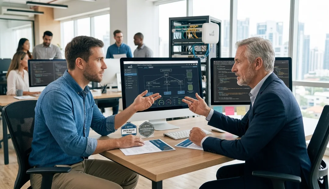 JNCIS-MistAI-Wired Certification professional discussing career growth and AI-driven wired networking opportunities with a senior mentor.