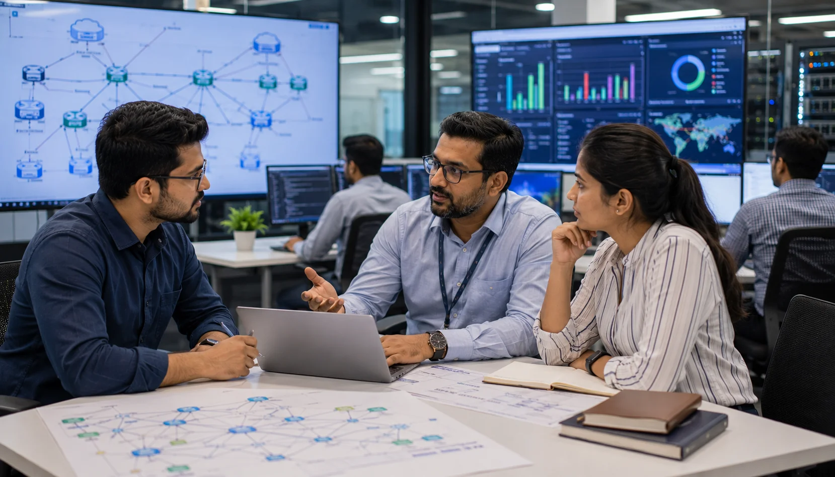 JNCIP-ENT professional exploring enterprise networking career opportunities with senior network engineers in a modern office.