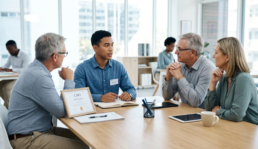 C|HFI Certification professional discussing career growth and computer forensics opportunities with a senior mentor in a modern office.
