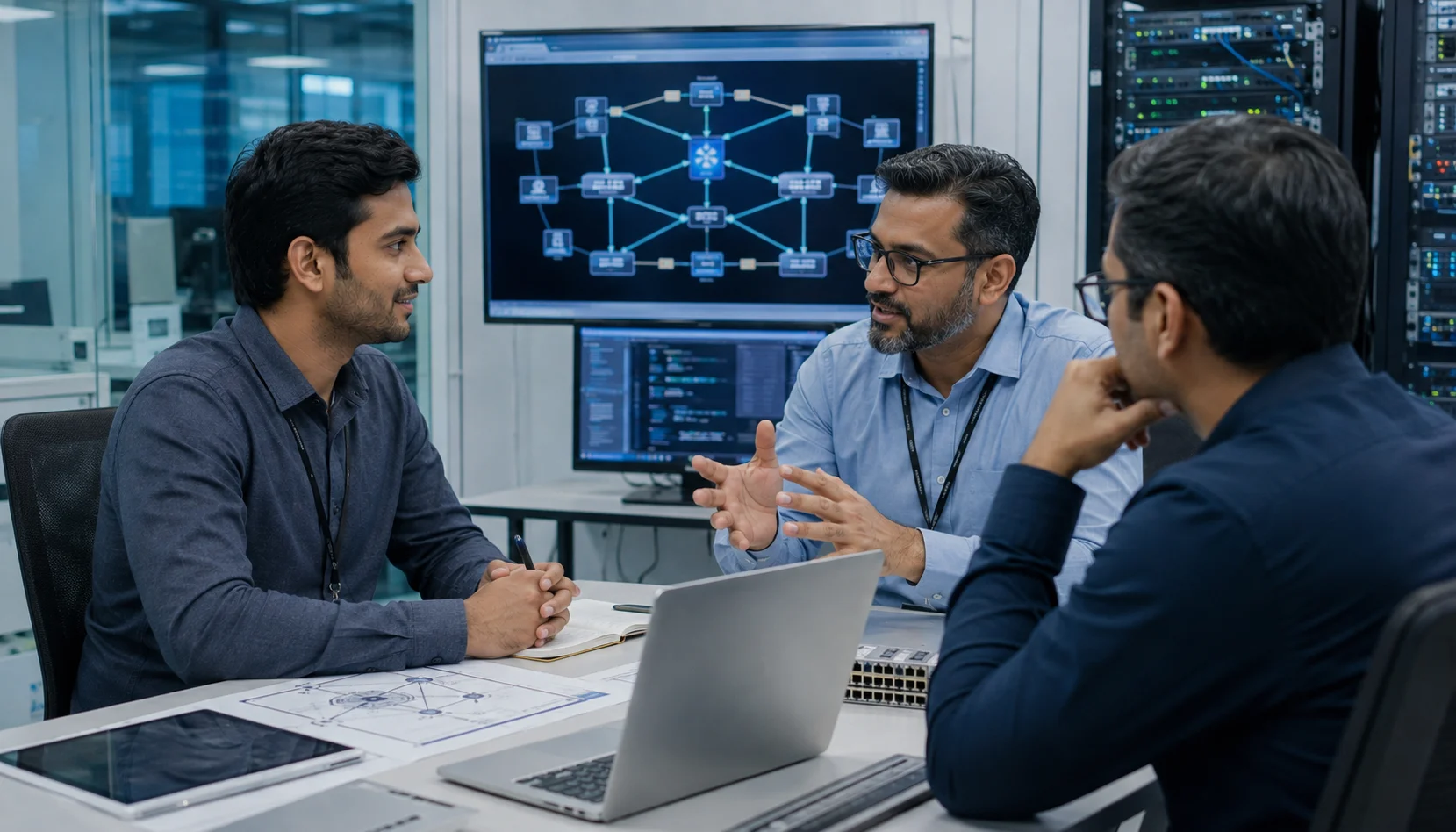 JNCIS-DC professional exploring data center networking career opportunities with senior Juniper architects in a modern office.