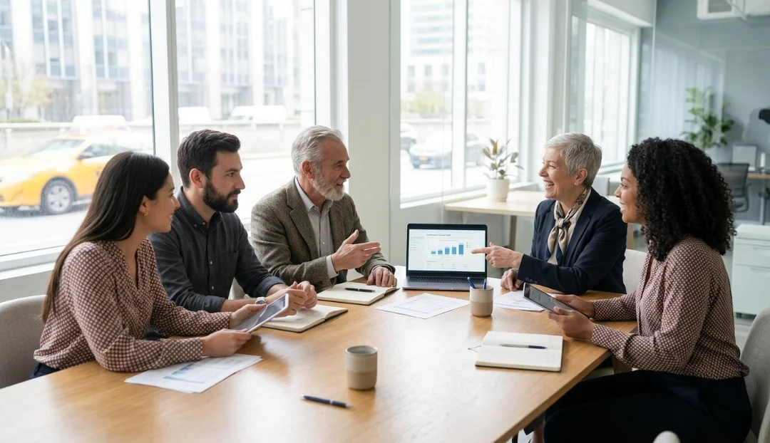 ECSS Certification professional discussing career growth and cybersecurity opportunities with a senior mentor in a modern office.