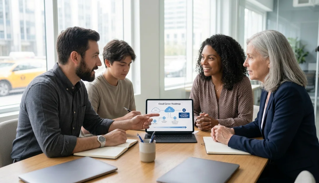 Associate Cloud Engineer Certification professional discussing career growth and cloud engineering opportunities with a senior mentor in a modern office.