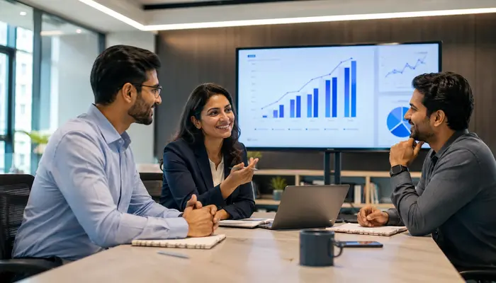OET Certification professional discussing career growth and professional opportunities with a senior mentor in a modern office.