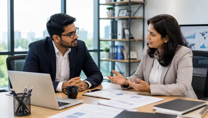 C-SBP Certification professional discussing career growth and professional opportunities with a senior mentor in a modern office.