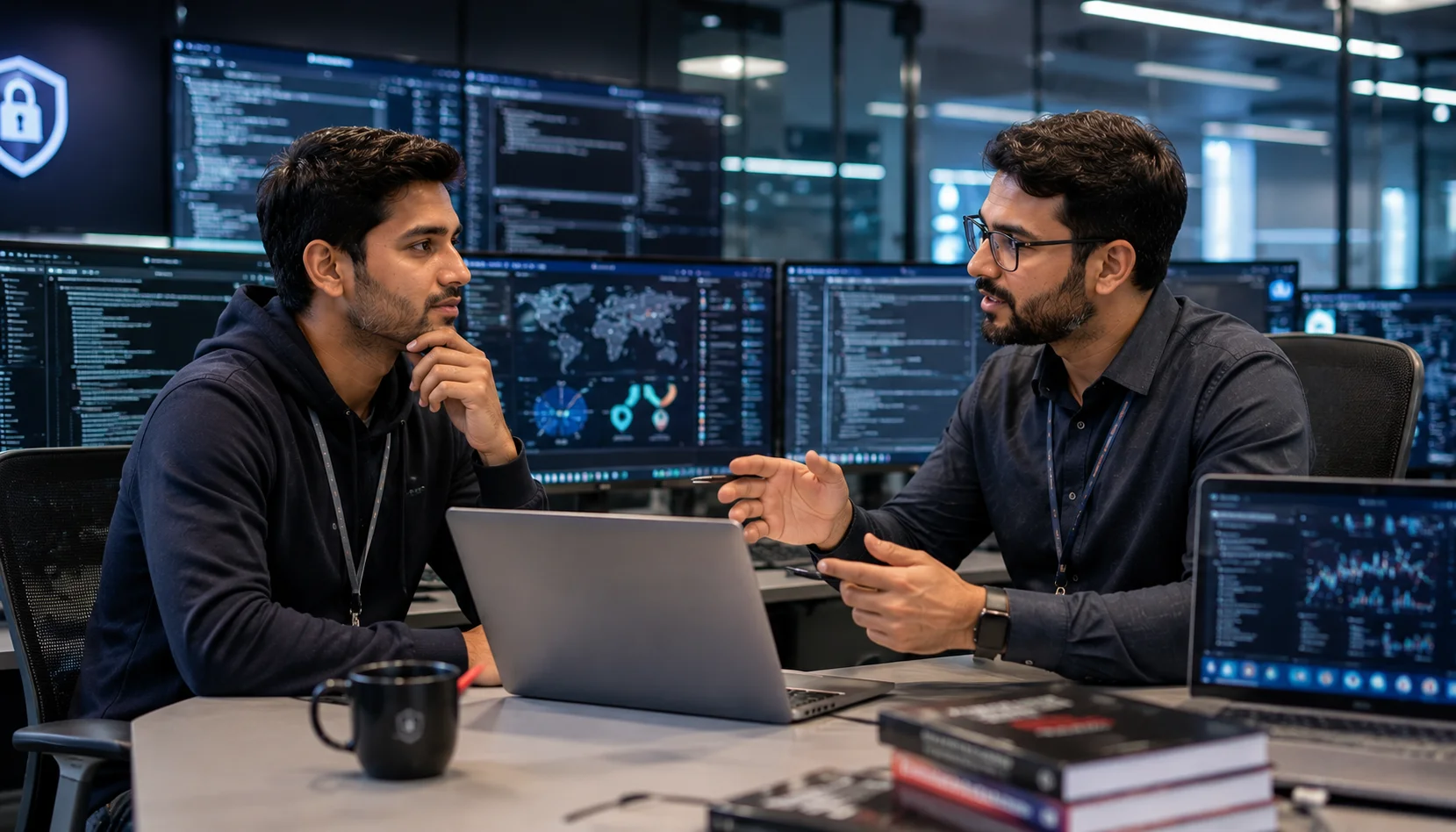 OSDA professional exploring penetration testing and security engineering career opportunities with senior mentors in a modern office.