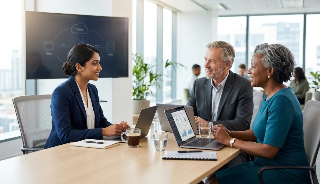 GCP Associate Data Practitioner Certification professional discussing career growth and data technology opportunities with a senior mentor in a modern office.