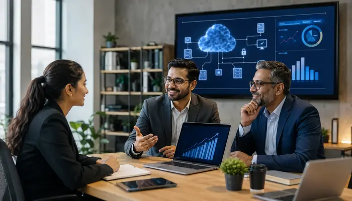 CompTIA Cloud Essentials Certification professional discussing career growth and cloud opportunities with a senior mentor in a modern office.