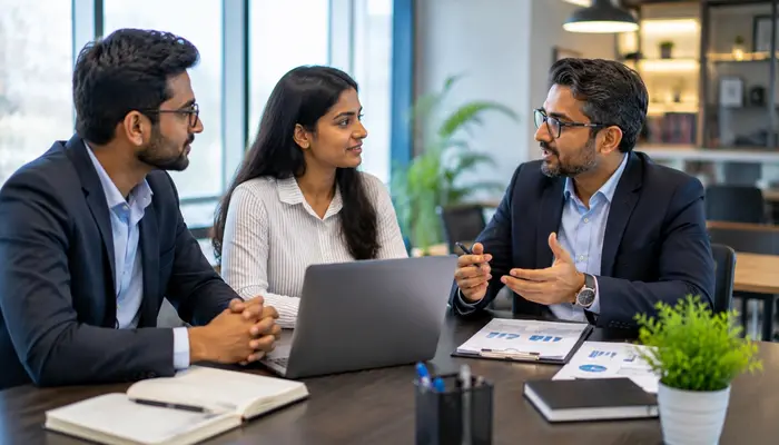 CompTIA SecurityX Certification professional discussing career growth and cybersecurity opportunities with a senior mentor in a modern office.