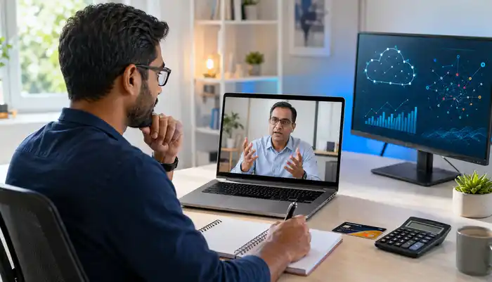Learner discussing AWS Certified Machine Learning Specialty examination cost with an online certification instructor.