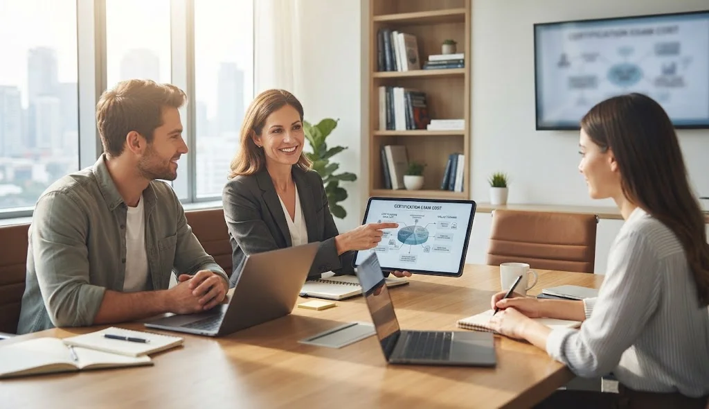 Student discussing Professional Scrum Developer Certification examination cost with an expert instructor during an online session.