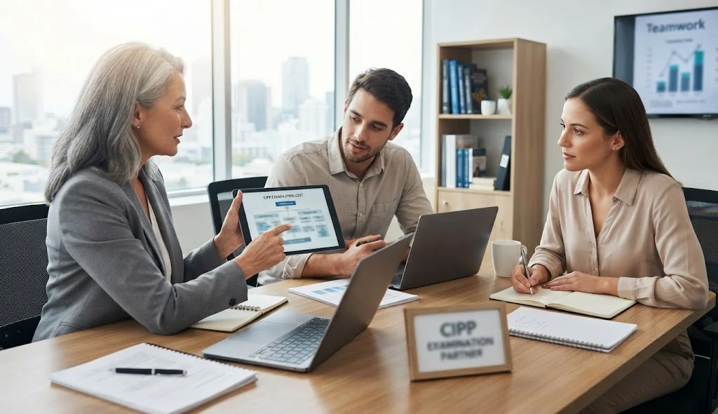 Professional discussing CIPP Certification examination cost with an expert instructor during an online session.