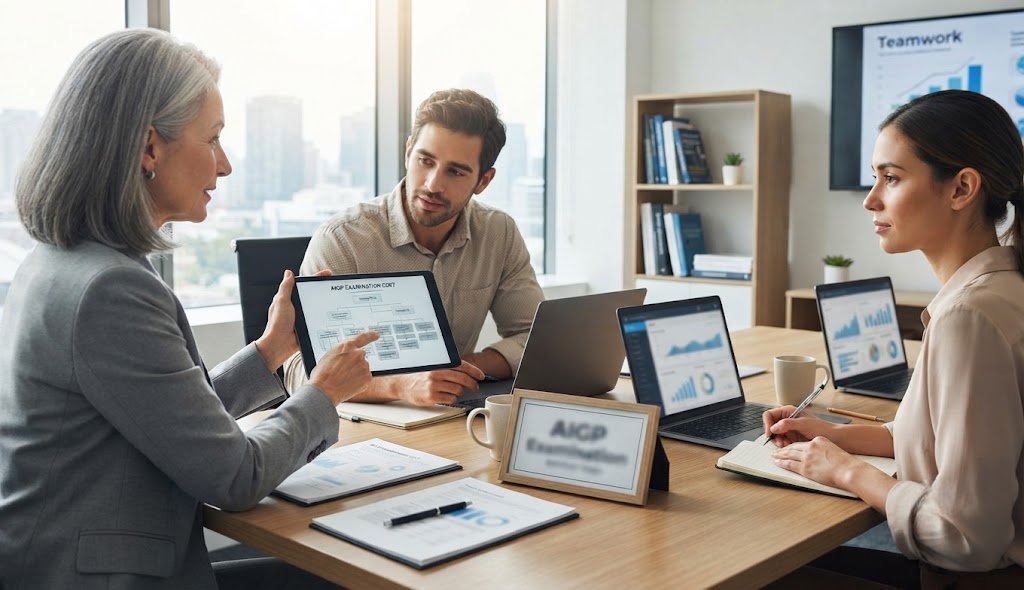 Professional discussing AIGP Certification examination cost with an expert instructor during an online session.