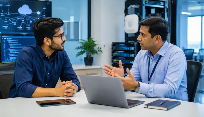 CCNP Automation Certification candidate discussing exam cost and budget planning with an instructor in a modern network automation lab.