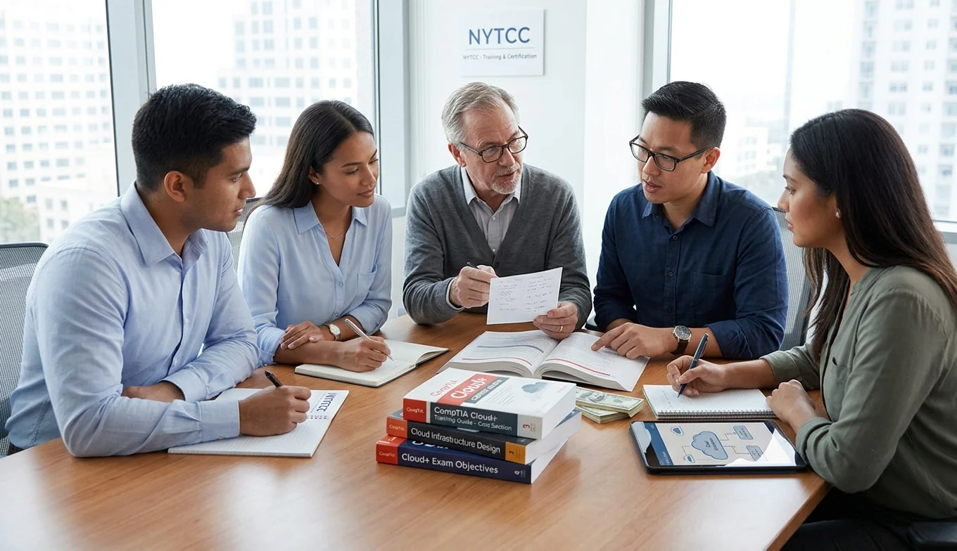 CompTIA Cloud+ Certification professional discussing examination costs and certification options with a senior mentor in a modern office.