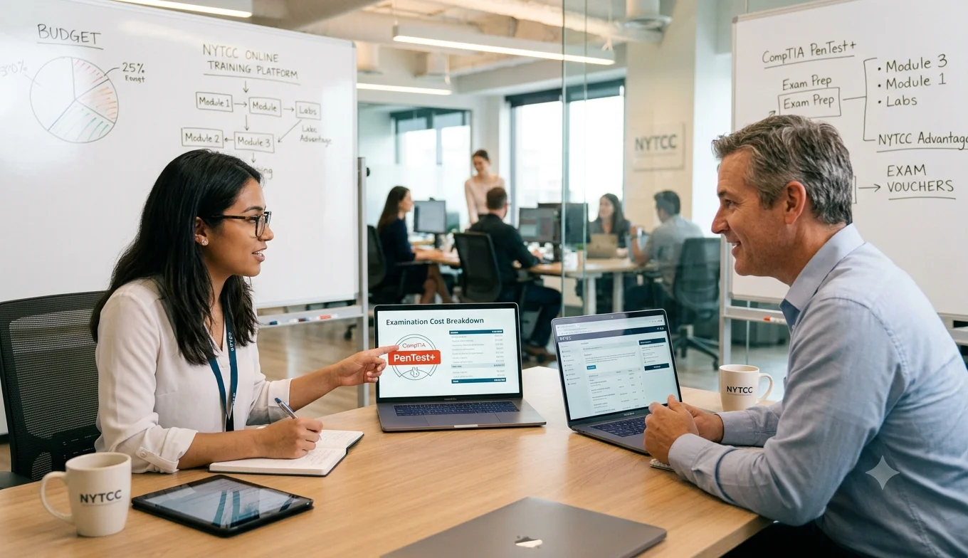 CompTIA PenTest+ Certification professional discussing examination costs and certification options with a senior mentor in a modern office.
