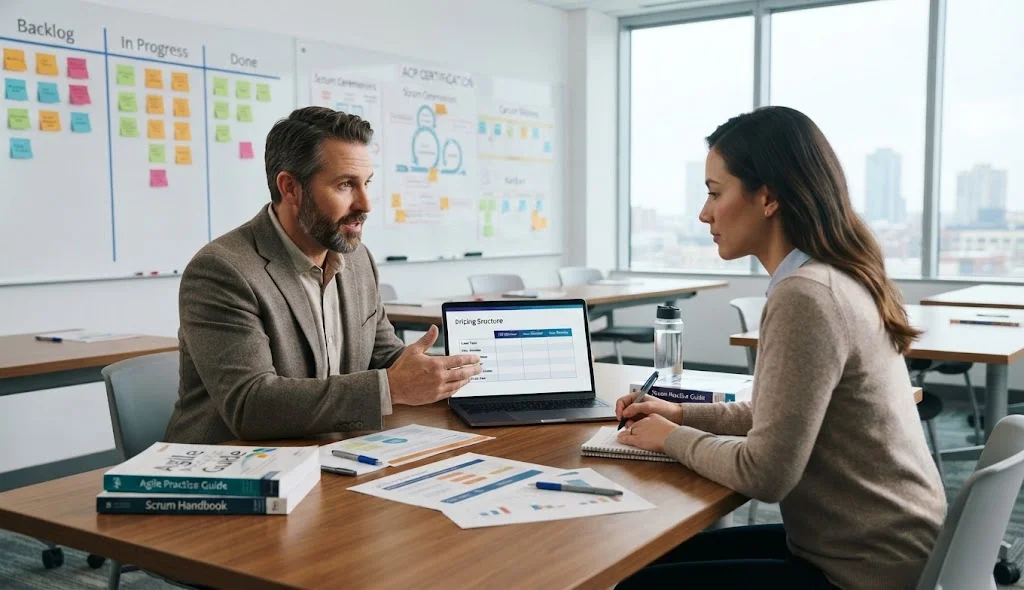 PMI Agile Certified Practitioner candidate discussing certification examination costs with an experienced Agile instructor.
